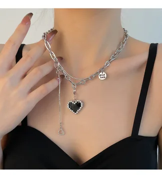  Fata de Femeile din Oțel Inoxidabil Colier Moda Negru de Dragoste Inima w/ Zircon Cristal în Jurul Clavicula Lanț Pulover Accesorii de Artă