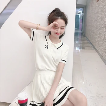  Femei de moda de Vară Sport Subțire Tricotate 2 buc Cutat Negre Fusta Mini Guler Polo Maneca Scurta cu Dungi T-Shirt
