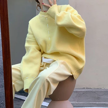  Femei Haine 2021 Moda coreeană Gât Rotund Maneca Lunga Culoare Solidă Îngroșat Pulover de Sus+casual Pantaloni Split