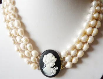  femei Moda Bijuterii 3 randuri de 8-9MM Alb Baroc Pearl & Sculptate Fată Colier de Perle Bijuterii Frânghie Lanț Colier Margele Perla Natu