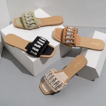  Femei papuci de moda deget de la picior pătrat stras plat pentru femei pantofi de vara noi 2021 casa de moda casual, pantofi