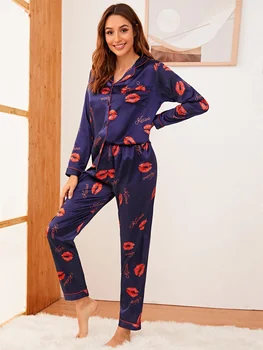  Femei Pijamale Buze Slogan Print Grafic Satin Față Buton Rever Sleepwear Set de Două Piese Lounge Purta PJ Set Pijamale