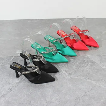  Femei Sandale 2022 Vara Noi Subliniat Toe Mătase Cristal Lanț de Înaltă Tocuri Stiletto Petrecere de Moda pentru Femei Pantofi de 7,5 CM