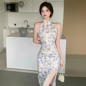  Femei Stil Chinezesc Cheongsam Rochie Eleganta Petrecere Retro Floral Print Slim Qipao Sexy Bodycon Rochii Fără Mâneci Epocă Vestidos