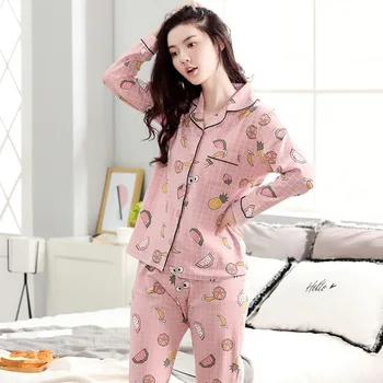  Femeile 2019 mânecă lungă și pantaloni coreeană nou primăvara și toamna iarna cardigan bumbac carouri două piese seturi de pijama pijama set