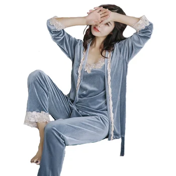  Femeile Pijamas Halat de baie Iarna Catifea Pijamale Toamna și Cald Coral Baie Catifea Costum din Trei Piese, Badjas de sex Feminin Pijamale Halate