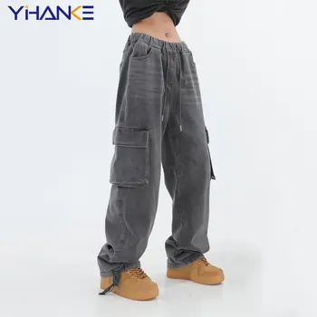  Femeilor Vintage Grey Cargo Blugi Mare Buzunar de Mare Talie Elastic Largi Largi Picior Pantaloni Casual Fashion Denim Pantaloni Doamnelor Y2k