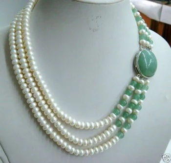  Fierbinte! Fermecătoare Femei Bijuterii 3 rând alb de apă dulce pearl colier de jad AA12344T4
