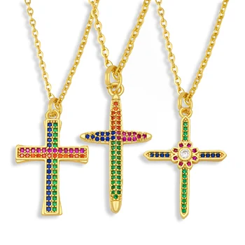  FLOLA Multicolor Cruce Colier Pentru Femei CZ Micro Pave Placat cu Aur Colier Pandantiv Cubic Zirconia Religioase Bijuterii nkeu40