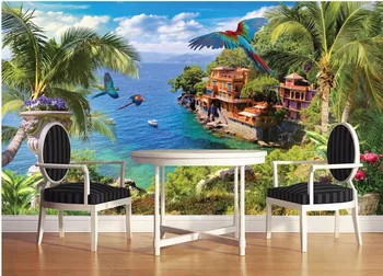  Foto personalizat modele 3d picturi murale fundal Albastru coasta de cocos, flori și păsări decor imagine de fundal pentru camera de zi