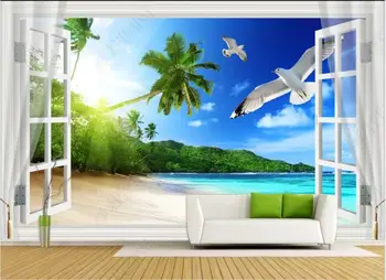  Fotografie 3d tapet personalizat murală de nucă de Cocos pescăruș cu vedere la mare în afara ferestrei tapet pentru pereți în rulouri decor acasă
