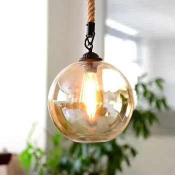  Frânghie de cânepă Sticlă Lumini Pandantiv Vintage Led Lampă de Agățat Bucătărie Sufragerie, Corpuri de iluminat pentru Tavan Dormitor Living Lămpi