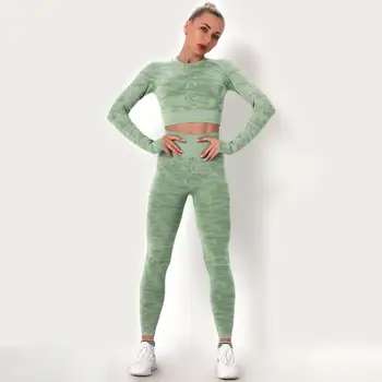 Fără sudură Sală de Sport 2 buc Yoga Set Costum Femei fără Sudură Jambiere Push-Up Crop Top pentru Femei cu Maneci Lungi de Sus Antrenament Haine Sport