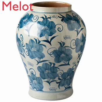  Gresie Vaza de Flori Jingdezhen Albastru și Alb Vintage Handmade Casa Mare, Decoratiuni si Accesorii, Vaze