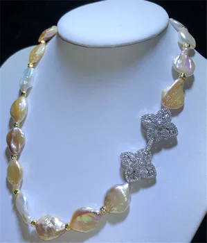 HABITOO de Lux Naturale 14-18MM Multicolor Baroc Renăscut Monedă Colier de Perle de 20 De Inch Dublu Cubic Zircon Pandantiv cu Incuietoare Bijuterii