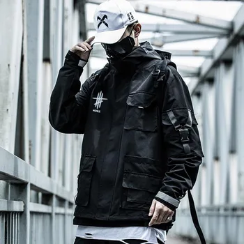  Hip Hop Techwear Negru Casual, Jachete Cu Glugă De Primăvară De Toamnă Canadiană Supradimensionate Uza Paltoane Pentru Bărbați Streetwear