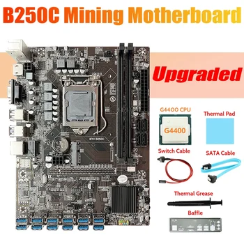  HOT-B250C ETH Miner Placa de baza+G4400 CPU+Diafragma+Cablu SATA+Cablu de Switch+Thermal Grease+Pad Termic LGA1151 12USB GPU Slot