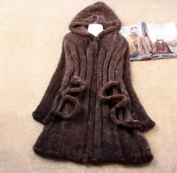  Iarnă Adevărată naturale originale Tricotate Blană de Nurcă mantou pentru femei de moda hand-made Lung Tricot Uza Jacheta cu centura Hoody