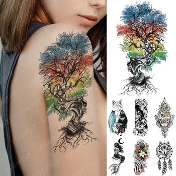 Impermeabil Tatuaj Temporar Autocolant Scara De Culoare Copac Flash Tatuaj Lup Harajuku Lily Sirena Body Art Brațul False, Tatuaj Femei Bărbați