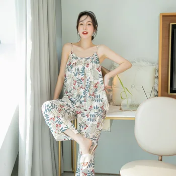  IULIE CÂNTEC Viscoză Set de Pijama Femei Vara Pijamale Largi Sling Pantaloni Costum de Plante Imprimarea de petrecere a timpului Liber Feminin Homewear