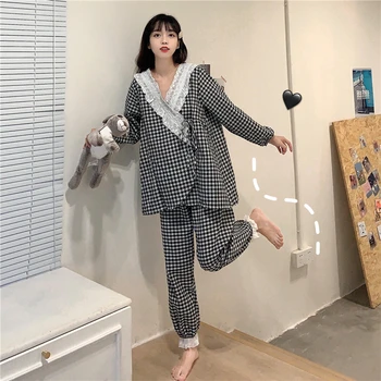  japonia stil de haine de acasă lucrare carouri pijamale femei, kimono v-neck loose pantaloni costum de îmbrăcăminte de noapte dulce doamnelor pijamas L754