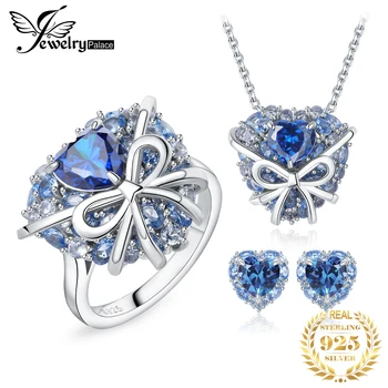  JewelryPalace Moda Bowknot Dragoste Inima Albastru de Piatră prețioasă Argint 925 Colier Cercei Inel Set de Bijuterii pentru Femei