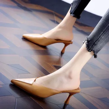  Jumătate de Papuci pentru Femei Exterior Purta 2022 Vara Noua Moda All-meci la Mijlocul călcâi a Subliniat Deget de la picior Baotou Leneș Sandale Stilet Tocuri