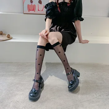  Lolita Vițel Ciorapi Sexy Femei Tub de Mijloc de Primăvară și de Vară Secțiune Subțire Transparent Ciorapi de Dragoste Buline Drăguț Șosete Negre