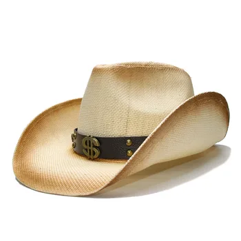 LUCKYLIANJI Retro Bej pentru Femei de Vara Barbati de Paie pe Plajă Largă Refuz de Vest Cowboy Pălărie Cowgirl Semn Dolar Bandă de Piele(58cm)