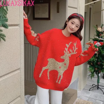  LUKAXSIKAX Nou Toamna Iarna Femei Vrac Tricotate pulover Pulover coreea Drăguț de Aur Cerbi Jacquard Pulover de Crăciun