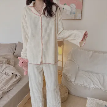  Lână, Catifea Acasă Costum Moale De Toamnă Sleepwear Japonia Singur Pieptul Tricouri + Pantaloni Set Homewear Liber De Epocă Îmbrăcăminte De Noapte 4 Culori