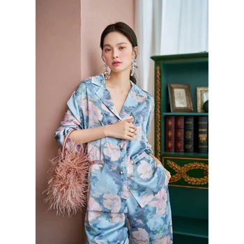  Maison Gabrielle 2021 Toamna Iarna Abstract Tipărite Set de Pijama Body Pijamale pentru Femei 2 Piese Maneca Lunga din Satin