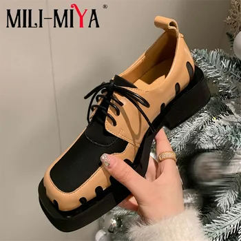  MILI-MIYA New Sosire Culoare Mixt Femei de Vacă din Piele Pompe de Dantela-Up Square Toe Tocuri Groase Pantofi Casual Dimensiune 34-39 Manual