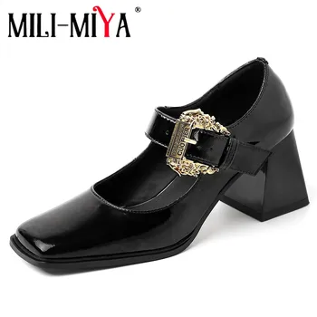  MILI-MIYA New Sosire Stil de Brand Femei de Vacă din Piele Pompe de Aur Catarama Curelei Square Toe Tocuri Groase de Culoare Solidă Rochie de Petrecere, Pantofi
