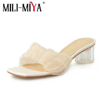  MILI-MIYA Sexy Toc Transparent Papuci de casă Plasă de Femei de Moda Bling Polka Dot Sandale de Vara Aluneca Pe Deget de la picior Pătrat Casual Pantofi Wild