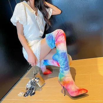  MKKHOU Moda Over-the-genunchi Cizme pentru Femei New Cristal Colorat Subliniat Toe Plisate Subțire-Toc 10 cm Cizme cu Toc Înalt Cizme Moderne