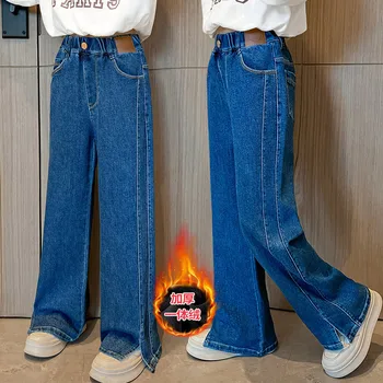  Moda Albastru Largi Picior Pantaloni pentru Fete de Iarna Gros Cald Blugi Talie Elastic pentru Adolescent coreean Liber de Pluș Pantaloni din Denim 4-14Y