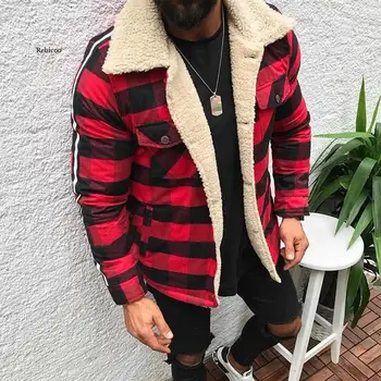  Moda pentru bărbați Jachete de Iarna Cald Carouri Compus Cardigan Casual Bluza cu Maneci Lungi de Pluș Topuri Haina Palton Streetwear