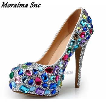  Moraima Snc Culoare Mixt Rhinestonne Toc Pompe Rotund Toe Stilet Tocuri Pantofi De Nunta Pe Tocuri Sexy Pantofi De Cristal Pentru Femei