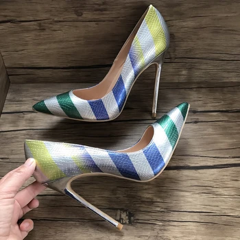  Multi Stripe Gradient Python Pompe Piele Strălucitoare de Primăvară Femei Celebritate Singur Tocuri Ascuțite toe Low Cut Doamnelor Zapatos