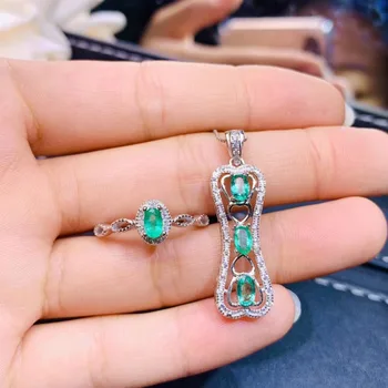  Naturala verde Smarald bijuterie Inel Pandantiv de Piatră prețioasă Naturale Set de Bijuterii de Argint 925 de moda grace Fan inima de Femei partid de bijuterii cadou