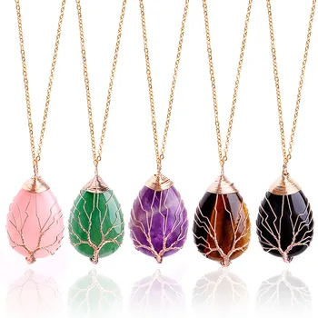  Naturale violet de Cuarț, Opal Piatră Pandantive lucrate Manual Crescut de Culoare de Aur Pomul Vieții Înfășurat în Formă de Picătură de cristal pandantiv colier