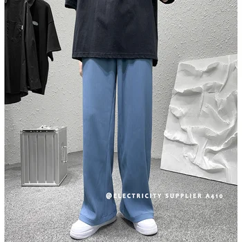  Negru/alb/albastru Cutat Moda Barbati Casual-picior Larg Bărbații Japonezi Streetwear Liber Matase de Gheață Pantaloni Barbati Pantaloni
