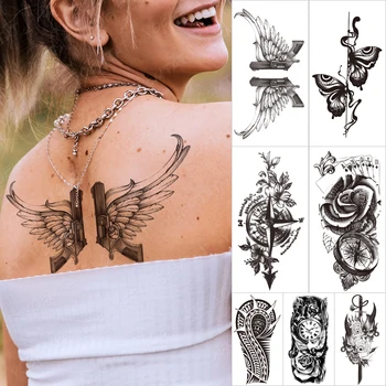  Negru rezistent la apa Temporar Maneca tatooo Autocolante Arma Aripa Pene Simplitate în Spatele Liniei de tatuaj Body Art Fals tatoo Masculin Feminin