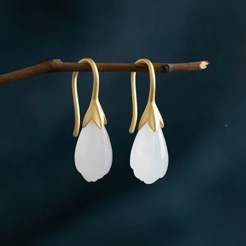  Noi antice de aur măiestrie încrustat naturale Hetian magnolie alb cercei Chineză stil retro fermecătoare femei bijuterii