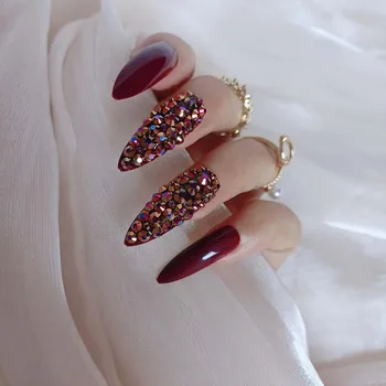  Noi Extra lungi ovale subliniat unghii false slim art salon de unghii crystal diamond nail Vampir culoare