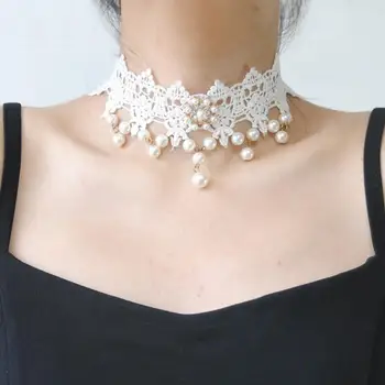  Noua Moda Elegant De Epocă Imitație De Perle Dantelă Albă Declarație Cravată Coliere Bijuterii De Mireasă Pentru Femeile Nunta