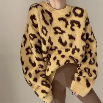  Noua Toamna Iarna Leopard Imprimate pentru Femei Pulovere O-Gât Liber Casual Angelica Oaf Doamnelor de Tricotat Pulovere Topuri