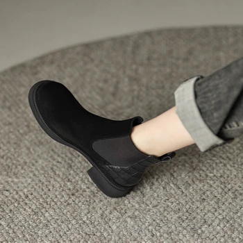  NOUL Chelsea Cizme pentru Femei de Oaie piele de Căprioară Glezna Cizme Rotund Toe Indesata Pantofi pentru Femei de Agrement Scăzut Toc Cizme Negre zapatos mujer