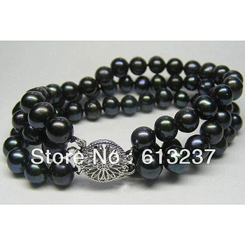  Noul Negru Akoya de Perle de Cultură Rotund margele vrac 3 RÂNDURI DE 7-8MM face bijuterii Brățară 7.5